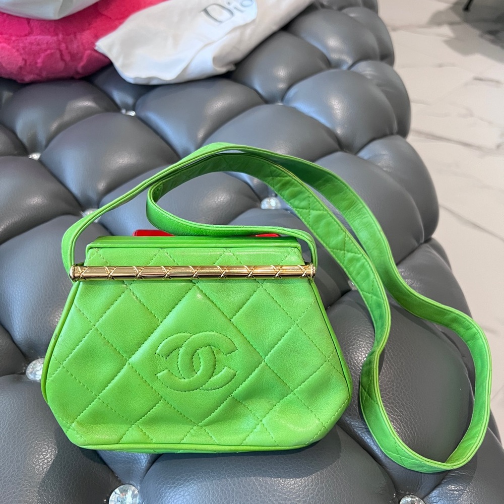 CHANEL Vintage Apple Green Quilted Mini Shoulder Bag with Gold Bar